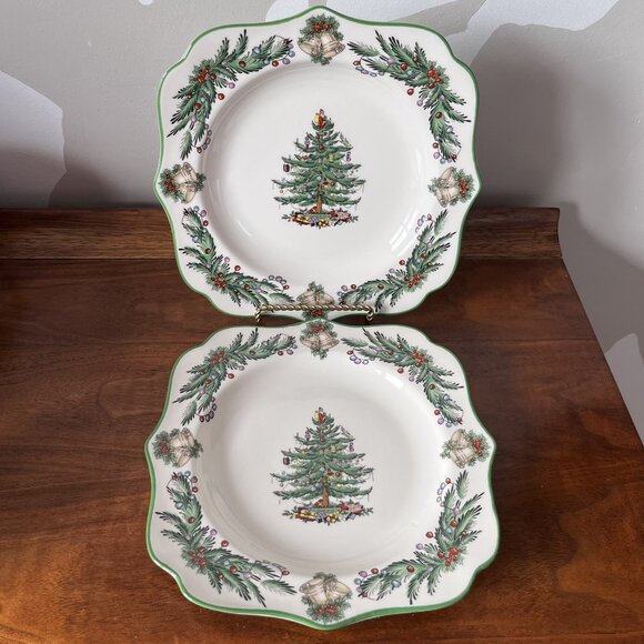 2 Spode Christmas Tree Garland Square Salad Plates 8.75” Vintage 2005 Holiday - Picture 1 of 10